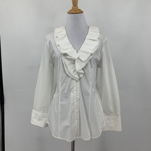 Talbots Blouse Womens 8 Cream Stretch Ruffle Frill Poplin Long Sleeve Shirt - Picture 2 of 14